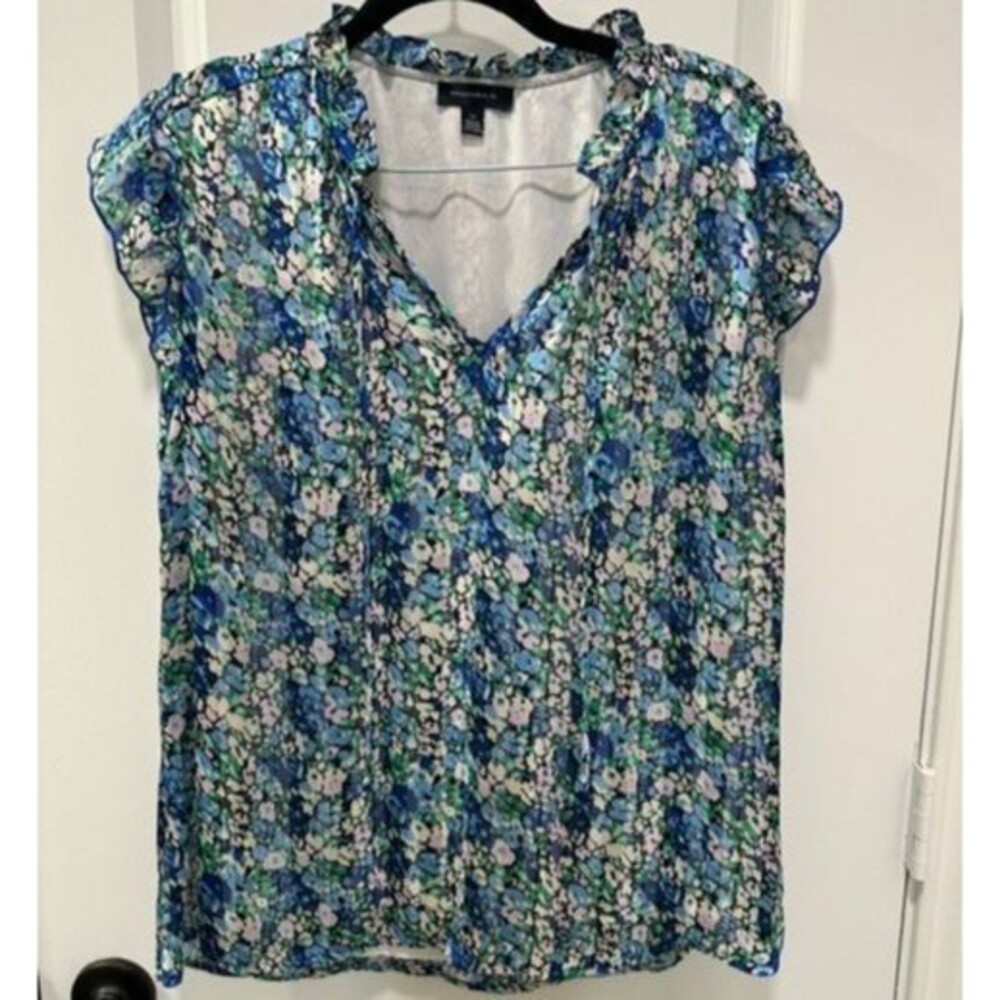 Tamara H Womens L Blue/Green Floral Blouse Ruffle Sleeve V Neck Sheer